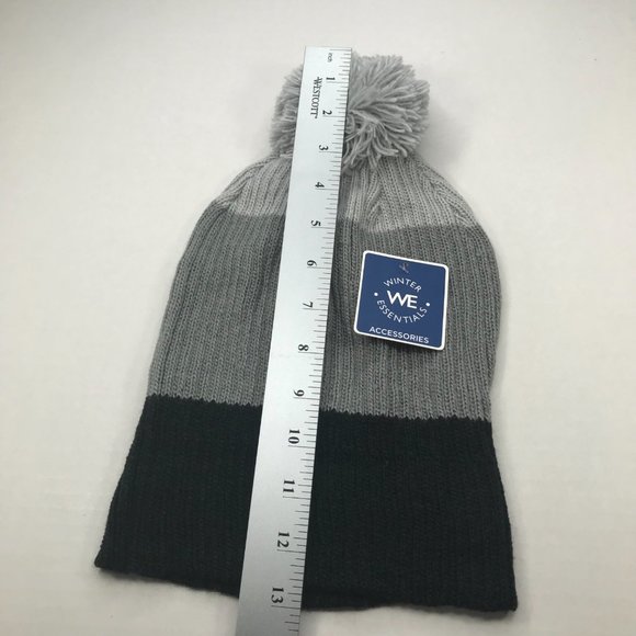 Winter Essentials Women's One Size Black/Gray Stripes Knit Beanie Hat With Pom - Picture 8 of 10